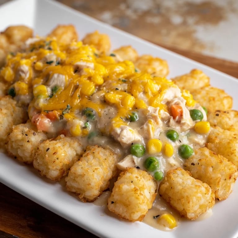 Homemade tater tot chicken pot pie, a delicious comfort food meal ready to serve hot.