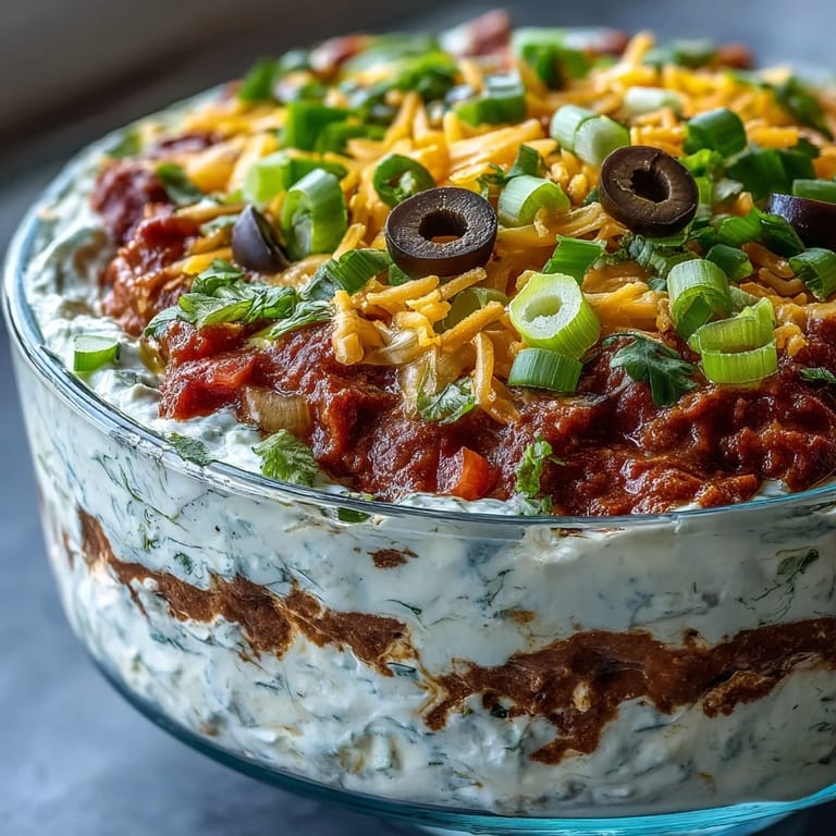 Close-up of 4-Way Layered Dip highlighting creamy layers, diced tomatoes, cilantro, and black olives for a fresh, zesty bite.