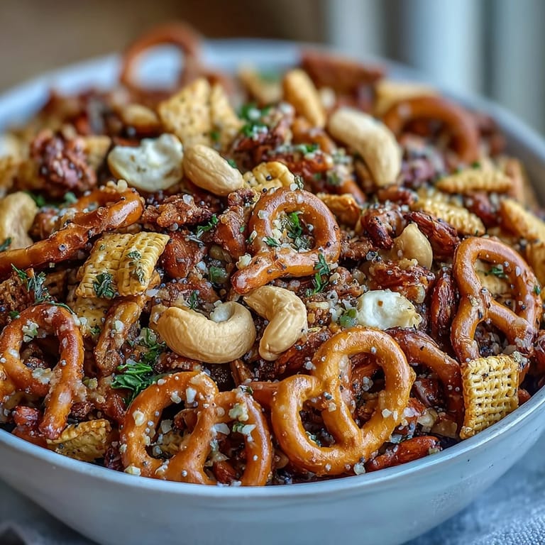 Freshly baked Everything Ranch Cheese and Pretzel Snack Mix on a cooling rack, buttery and golden brown.