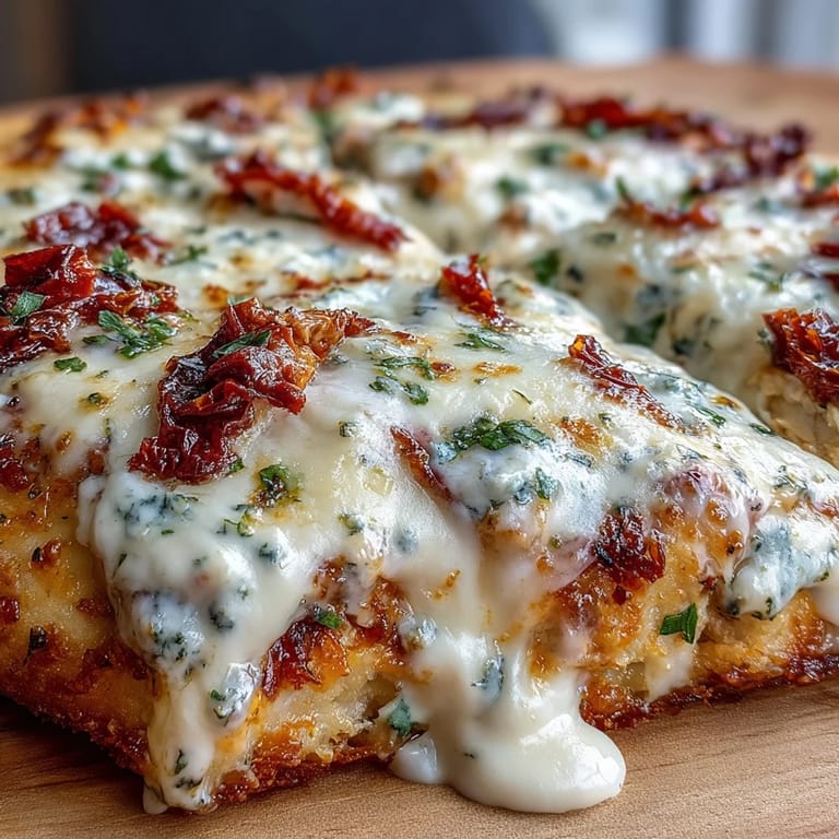 Freshly baked Marry Me Chicken Pizza revealing golden crust, savory chicken, and vibrant tomato topping.