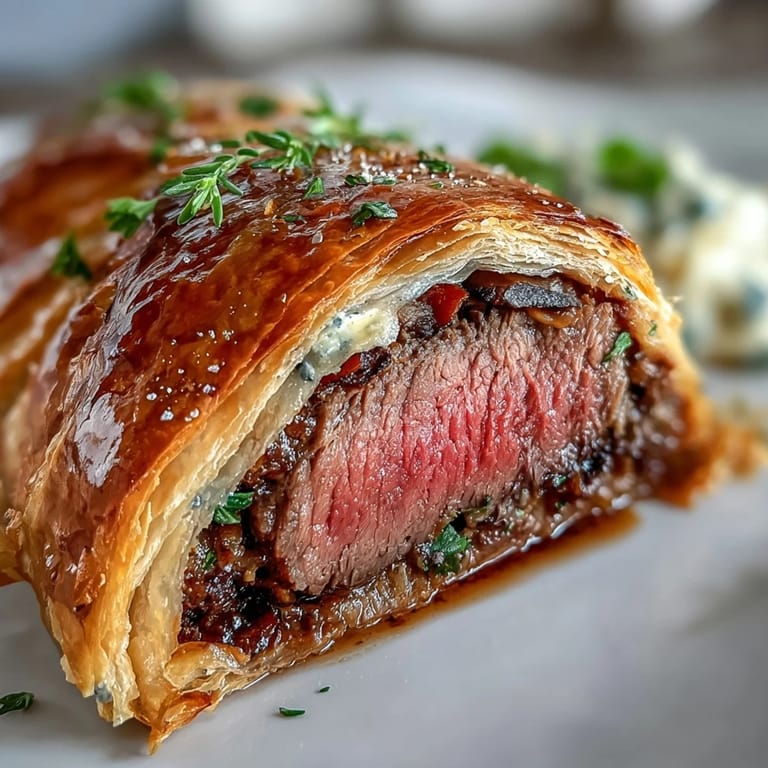 Homemade Beef Wellington features a beautifully browned tenderloin wrapped in prosciutto and duxelles, sitting on a baking sheet with fresh thyme.
