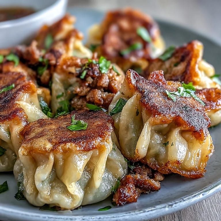 Close-up of Smash Dumplings with crunchy edges and juicy pork filling, plated beside fresh scallions and sesame seeds.