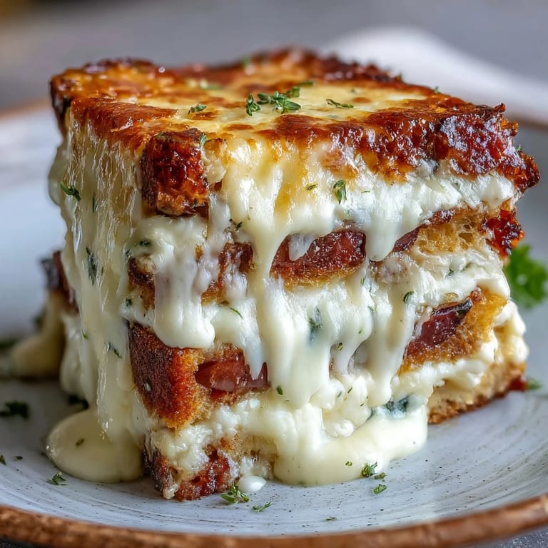 Sliced portion of creamy Croque Monsieur Casserole revealing layers of bread and ham.