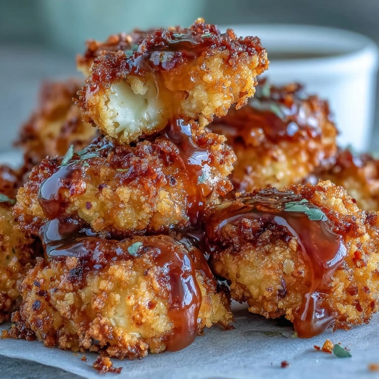 Bite-sized Crunchy Baked Hot Honey Cauliflower glistens with a sweet heat glaze, garnished with red pepper flakes on a wooden board.