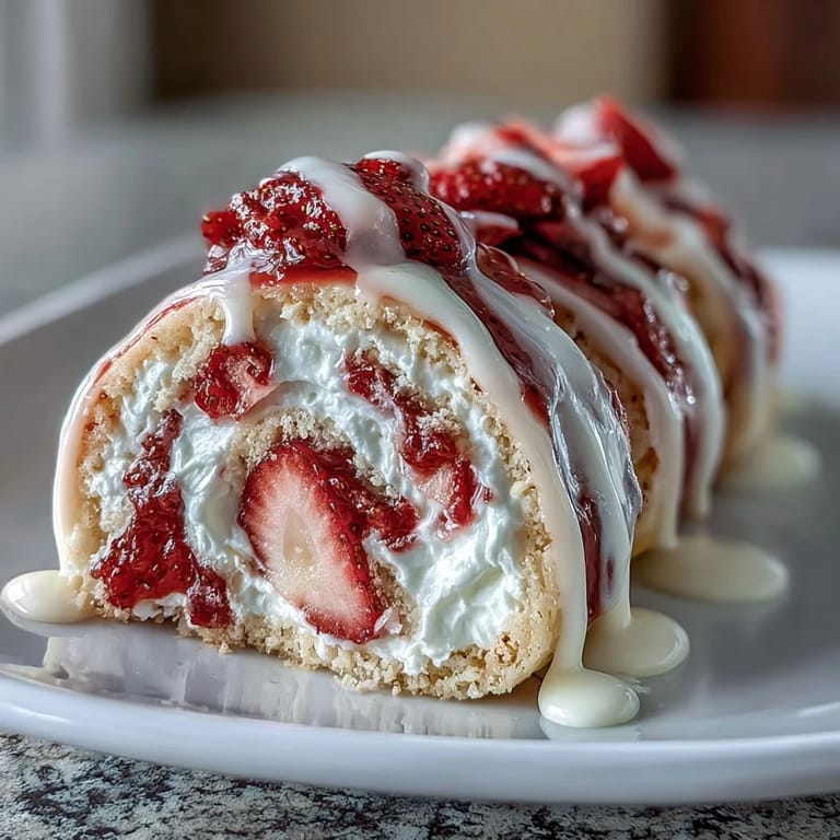 Homemade Strawberry Shortcake Sushi Roll cut into rounds, garnished with mint and a sweet berry sauce.