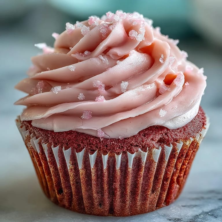 Delicious Pink Velvet Cupcakes topped with swirls of creamy Vanilla Buttercream Frosting and sprinkles.