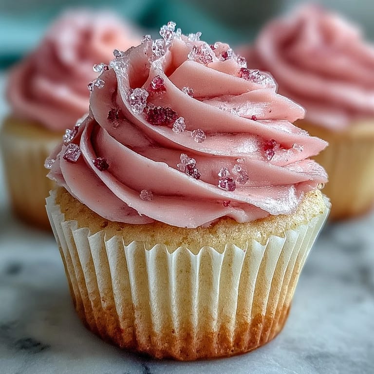 Moist, blush-pink cupcakes with fluffy Vanilla Buttercream Frosting, ready to serve on a platter.