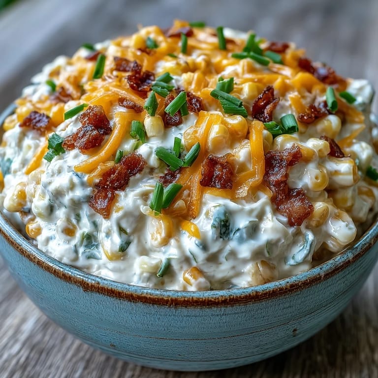 Creamy Crack Corn Dip baked golden and bubbling, garnished with fresh green onions for serving.