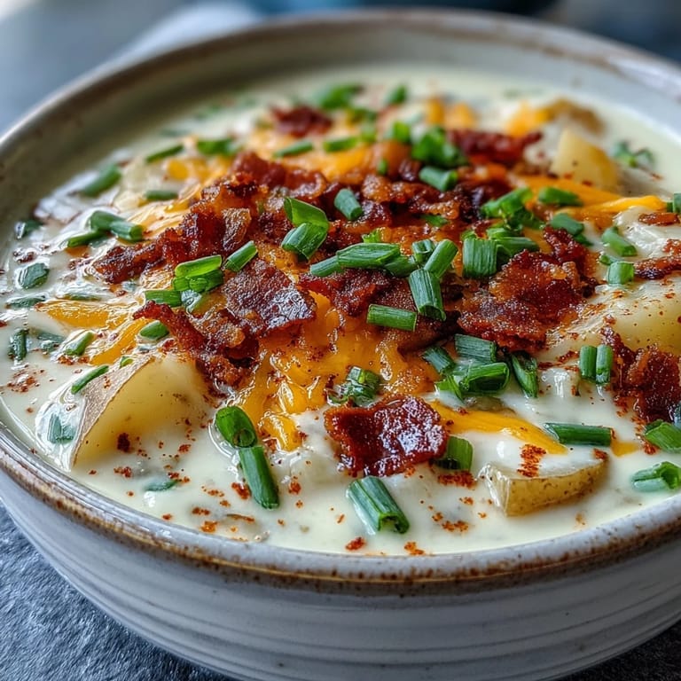 A close-up of velvety Loaded Potato Soup served steaming hot, garnished with extra cheese and sliced scallions.