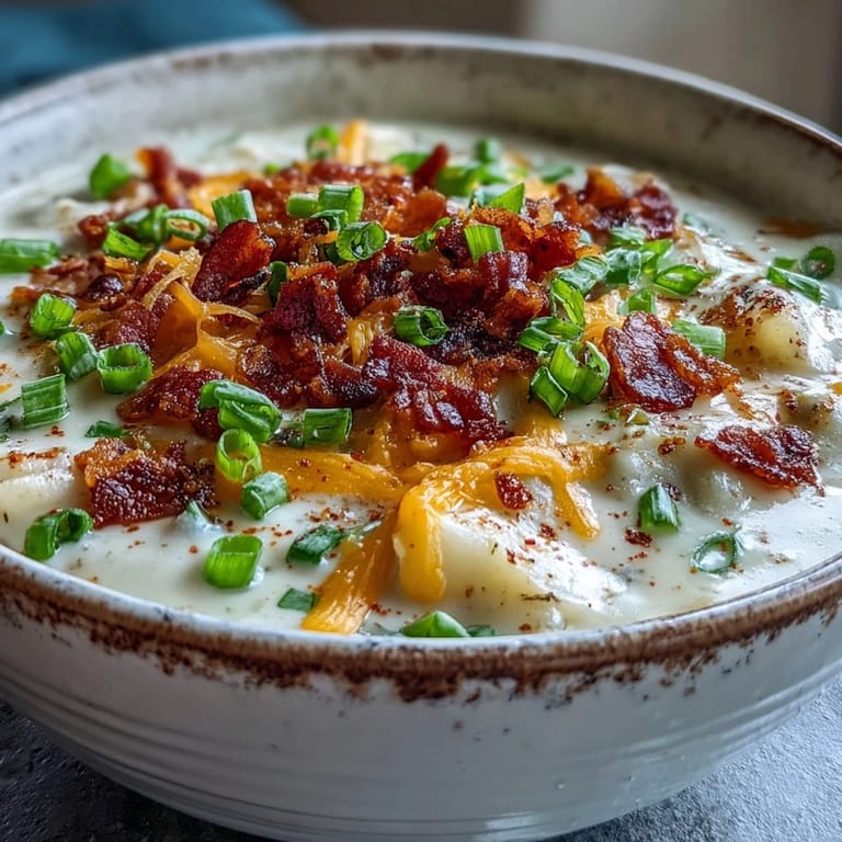 Spoon dipping into a comforting bowl of Loaded Potato Soup with bacon crumbles and sharp cheddar toppings.