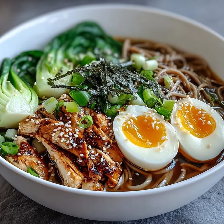 Healthy Miso Chicken Noodle Bowls topped with sesame seeds, scallions, and nori, steaming in a ceramic bowl for a comforting dinner.