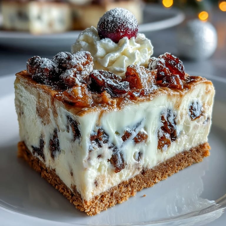 A close-up view of a Christmas Cheesecake Slab with a crunchy biscuit base and spiced cream cheese filling.