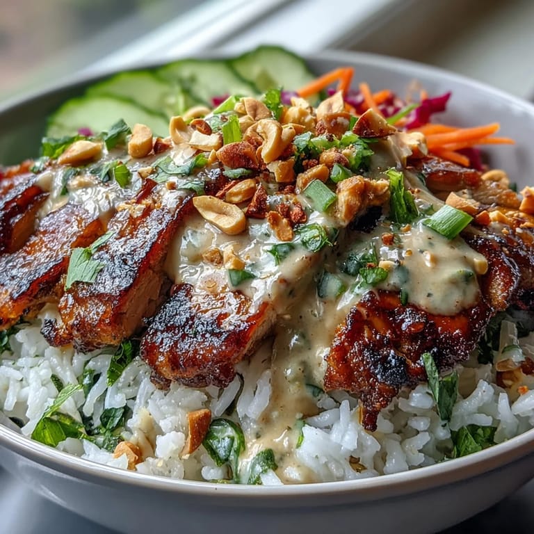 Vibrant shredded cabbage and carrots add crunch to this savory coconut rice peanut bowl, ready to eat.