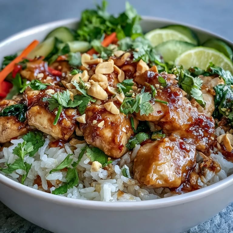 A close-up of Thai Peanut Chicken Bowl, garnished with cilantro and peanuts, alongside lime wedges for serving.