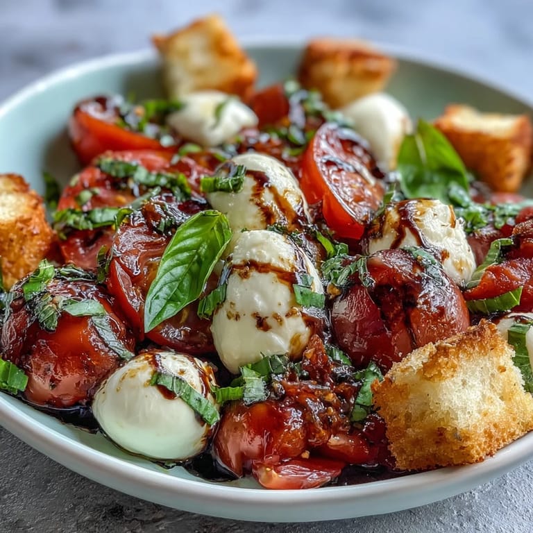 Crispy bread cubes top a vibrant Caprese Salad Bowl, perfect for a quick vegetarian lunch.