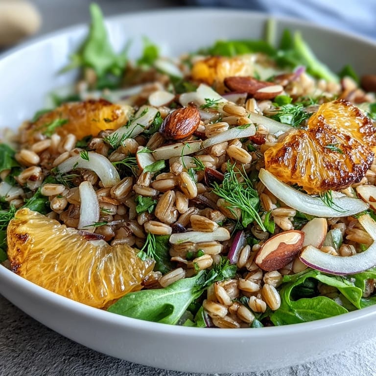 Overhead view of a Mediterranean Farro Salad Bowl with Fennel, Oranges & Almonds, highlighting juicy orange segments and fresh fennel fronds.  