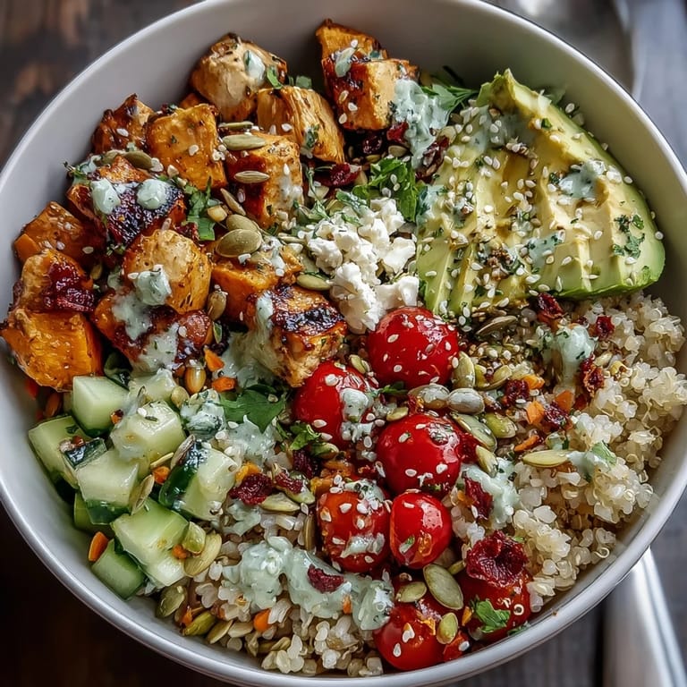 The nourishing Customizable Grain Bowl features quinoa, chickpeas, avocado, and a drizzle of lemon-tahini dressing.