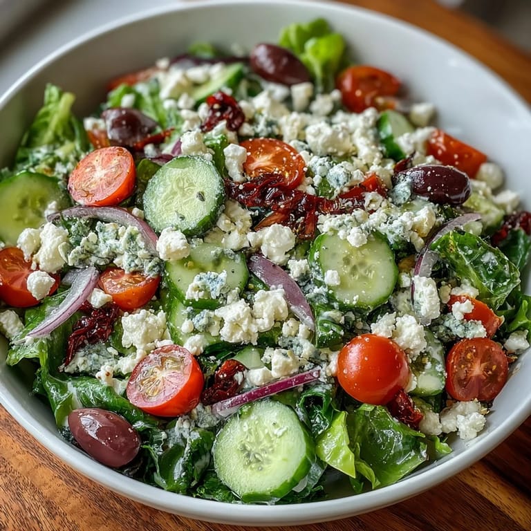 A vibrant Mediterranean Green Salad Bowl with briny olives, red onion, and creamy feta, ready for a light, refreshing lunch.  