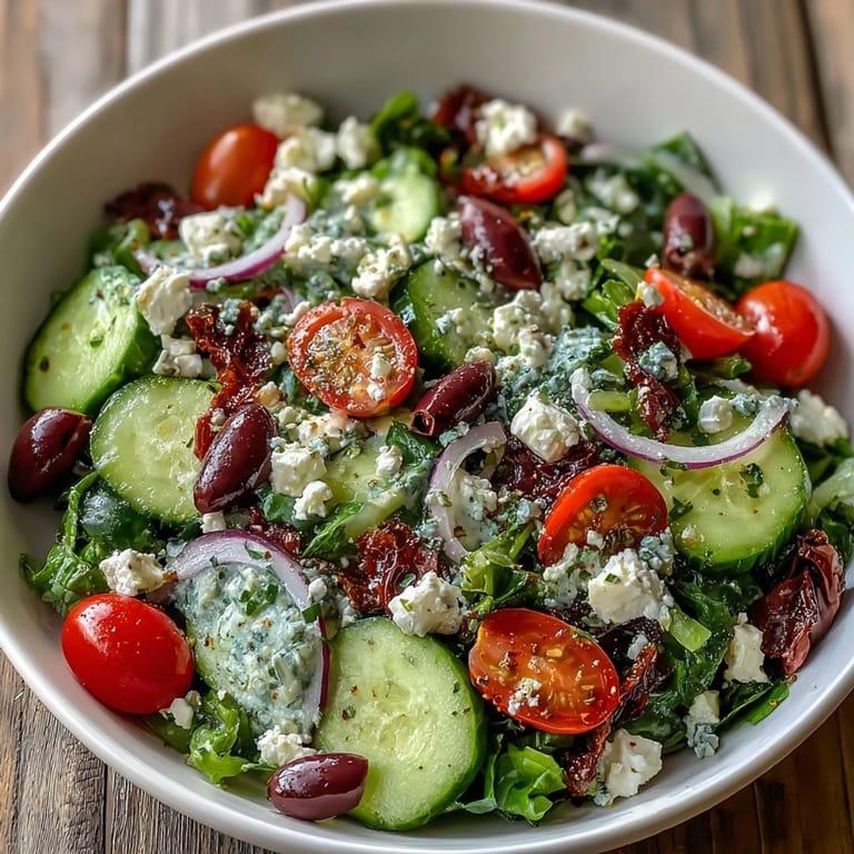 Tossed Mediterranean Green Salad Bowl with juicy tomatoes and crunchy cucumbers, drizzled with tangy Greek dressing for a fresh side dish.