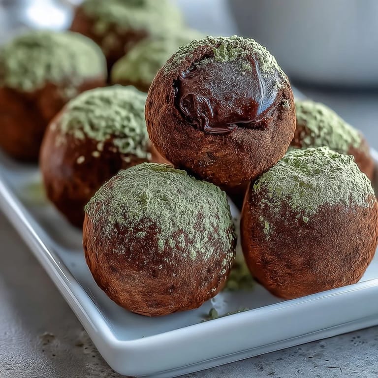 Decadent dark chocolate hojicha truffles with smooth ganache centers and a delicate dusting of earthy green tea powder.