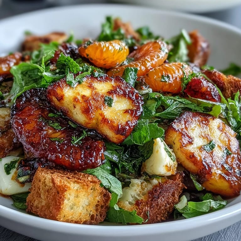 A colorful Middle Eastern fattoush salad with juicy blood oranges, fresh greens, and warm, pan-seared halloumi cheese.  
