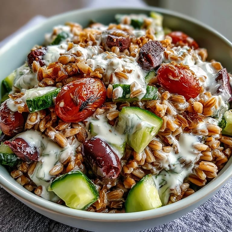 Hearty farro simmered in broth and tossed with fresh Mediterranean veggies, olives, and feta.  