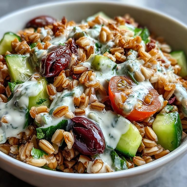 Nourishing farro bowl topped with roasted vegetables, protein of choice, and zesty tahini drizzle.