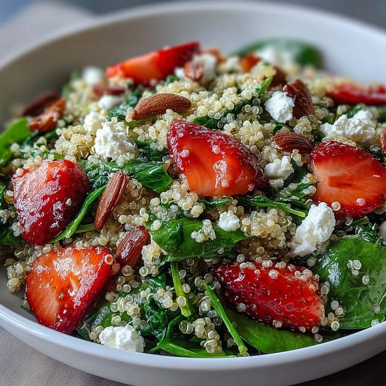 Vibrant strawberry feta quinoa salad with baby spinach, crunchy almonds, and tangy balsamic vinaigrette.  