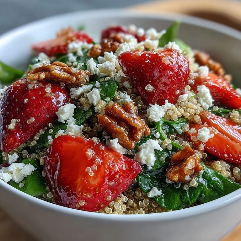 Strawberry feta quinoa salad featuring fresh berries, creamy cheese, and a honey-balsamic dressing for a light meal.