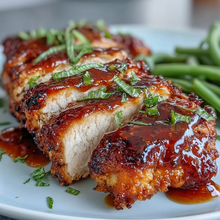 Oven-baked honey mustard chicken with green beans, juicy chicken breasts coated in a zesty mustard-honey glaze, paired with fresh, bright green beans.  