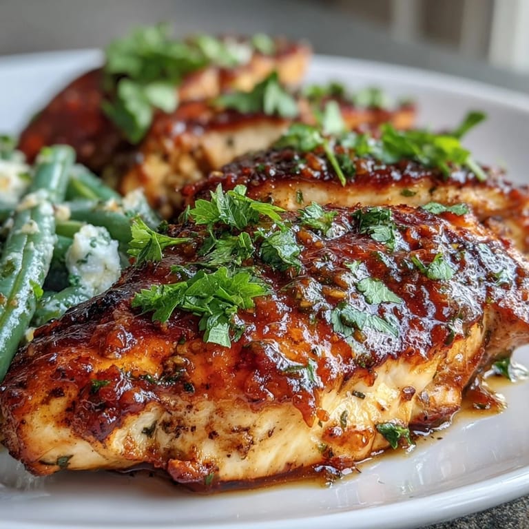 Honey mustard chicken and green beans, seared chicken glazed in sweet-tangy mustard sauce, served alongside vibrant, lightly seasoned green beans for a fresh, easy meal.