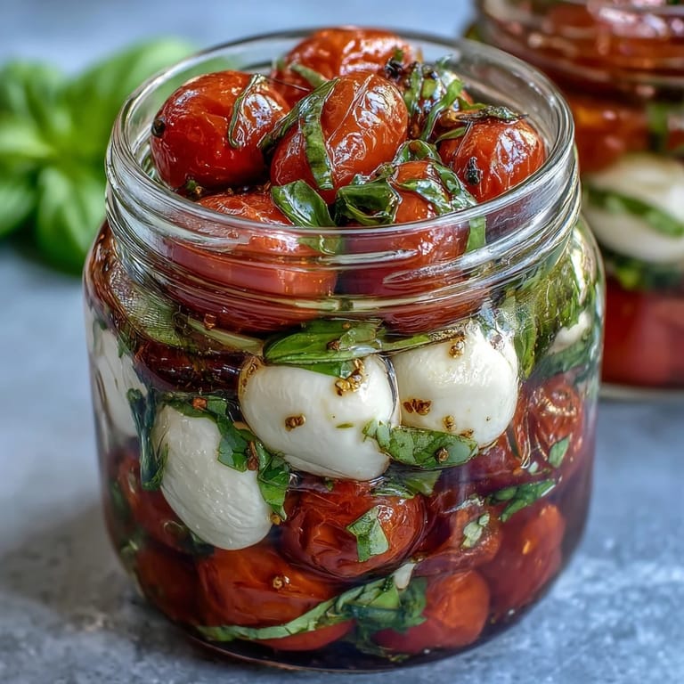 Portable Caprese salad in a mason jar, featuring vibrant tomatoes, mozzarella balls, and basil, ready for picnics or lunch on the go.