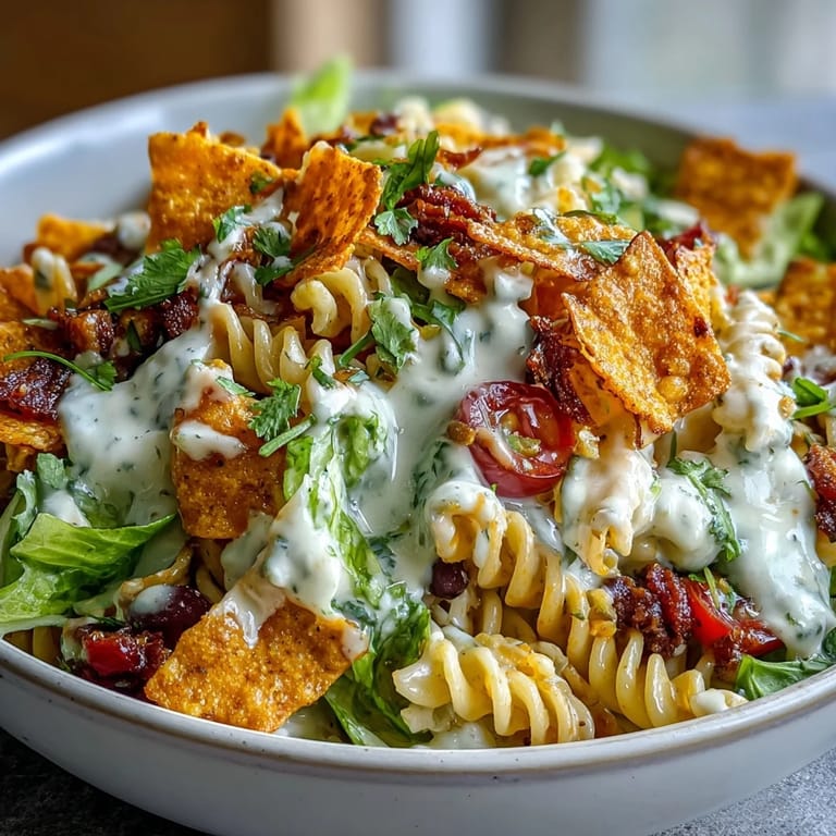 Creamy avocado ranch dressing coats taco-seasoned pasta salad with crunchy Doritos, black beans, and fresh vegetables.