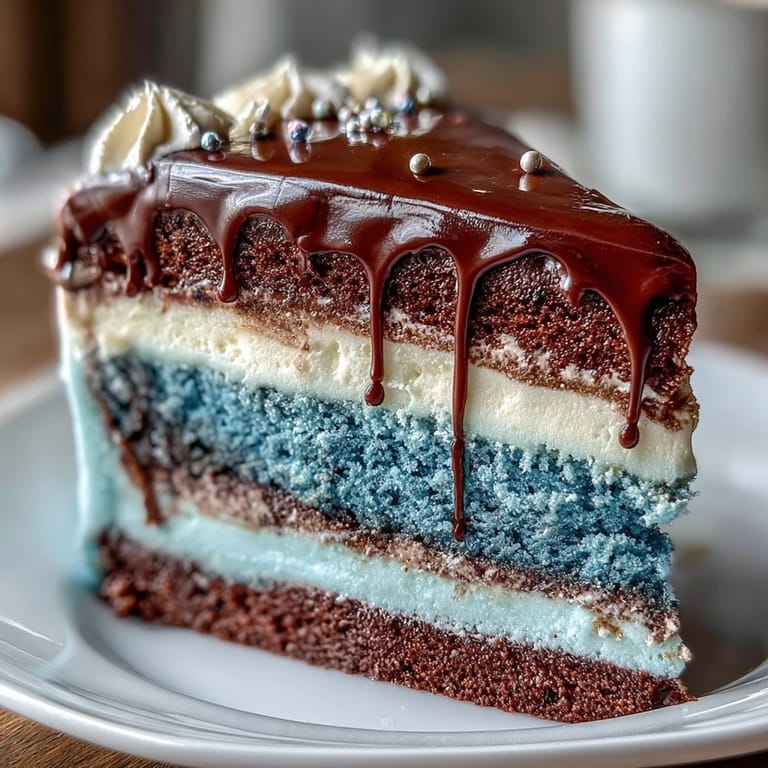 Layered ombre cake in classic blue tones, topped with silky vanilla buttercream and festive graduation cap decoration, ready to serve at a party.