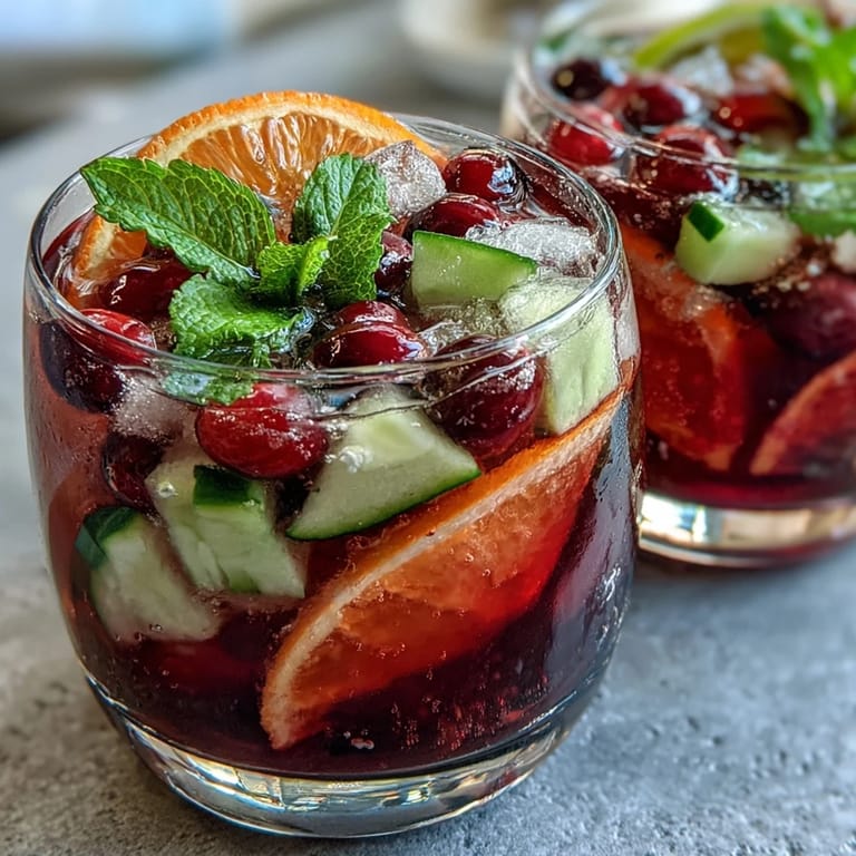 Colorful Spring Sangria Mocktail with white grape juice, sliced oranges, lemons, and strawberries over ice in tall glasses.