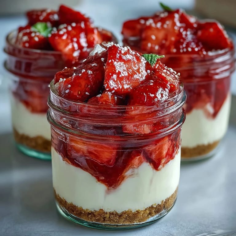 Creamy no-bake strawberry cheesecake with graham cracker crust, topped with vibrant strawberry compote in individual jars.