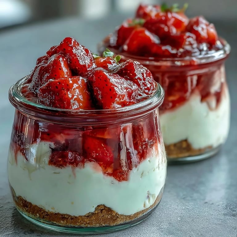 Delightful no-bake strawberry cheesecake jars featuring smooth vanilla filling, buttery base, and fresh strawberry topping, served chilled.