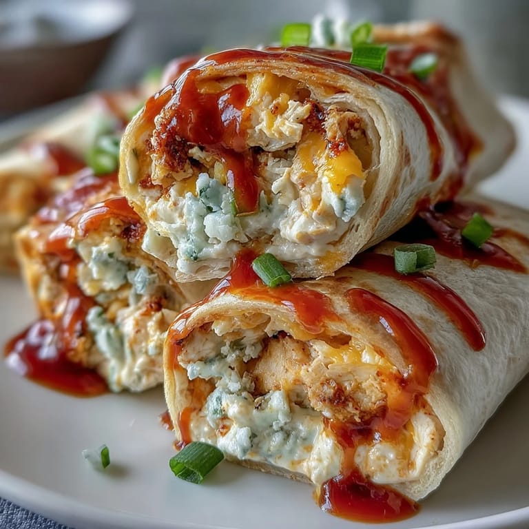 Spicy Buffalo chicken and cream cheese pinwheels rolled in flour tortillas, garnished with green onions and ready for a party platter.