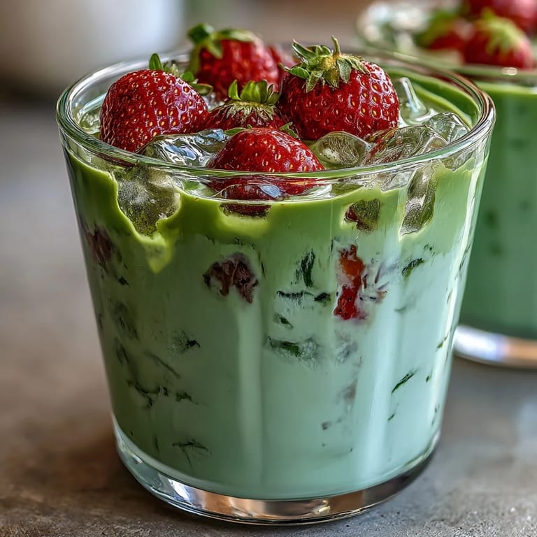 Vibrant Strawberry Matcha Latte with Oat Milk, featuring a beautiful layered presentation of sweet strawberry puree, earthy matcha, and chilled oat milk, garnished with fresh strawberries for a stunning and energizing beverage.