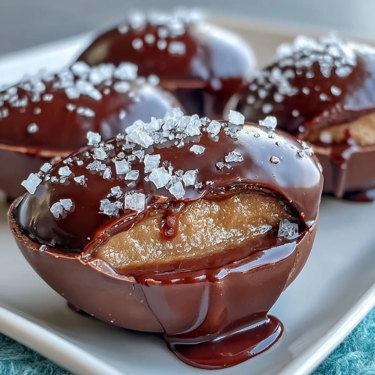 Homemade dark chocolate peanut butter eggs with a rich, velvety filling, coated in smooth chocolate and garnished with sea salt — perfect for Easter celebrations.