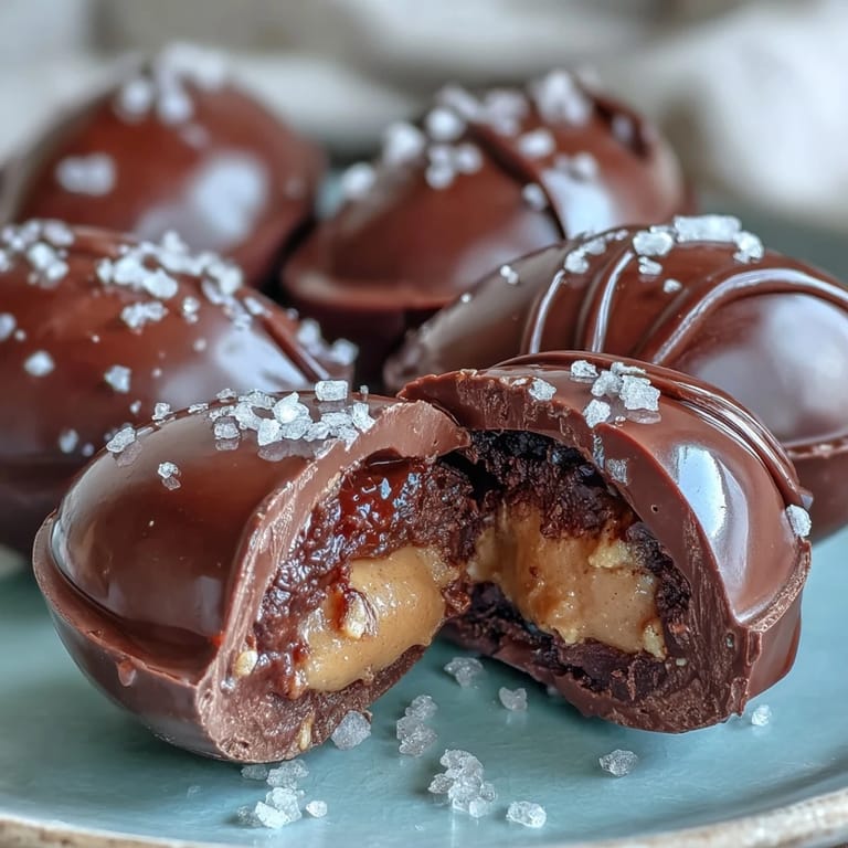 Indulgent peanut butter Easter eggs enrobed in dark chocolate, topped with sea salt flakes, offering a delightful contrast of flavors in every bite.