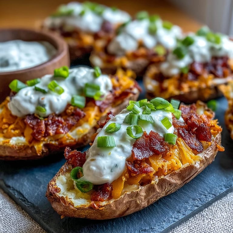 Twice-baked sweet potato skins topped with creamy sour cream and smoky paprika for a savory appetizer.