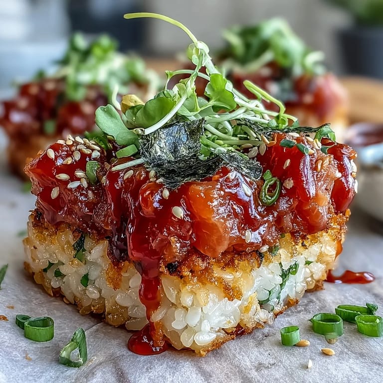 Glistening sushi rice cubes fried to a golden crunch, layered with a creamy, spicy tuna mixture for a bold flavor bite.