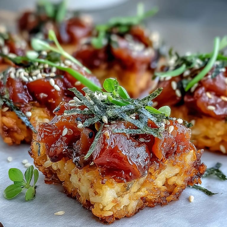 Golden pan-fried sushi rice squares crowned with fresh, spicy tuna, avocado, and microgreens for an elegant appetizer.