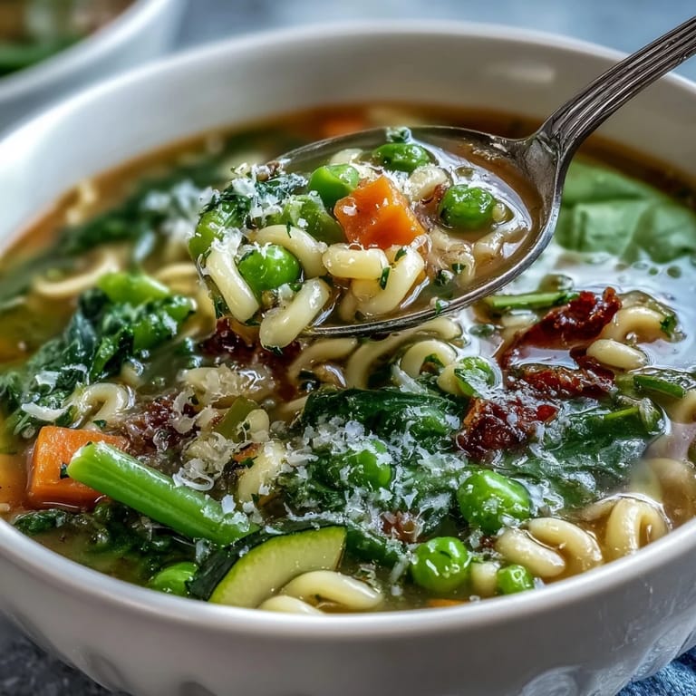 Cozy spring minestrone soup topped with Parmesan and basil, perfect for a light vegetarian meal.