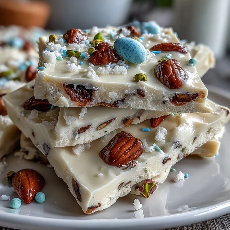 Easy white chocolate Easter bark with pastel candy eggs and nuts, a simple and cheerful homemade gift idea.