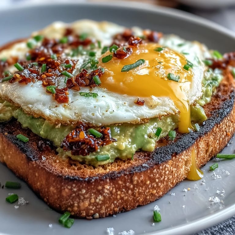 Rich avocado spread on crisp bread, crowned with a poached egg and vibrant chili crisp for a satisfying morning meal.