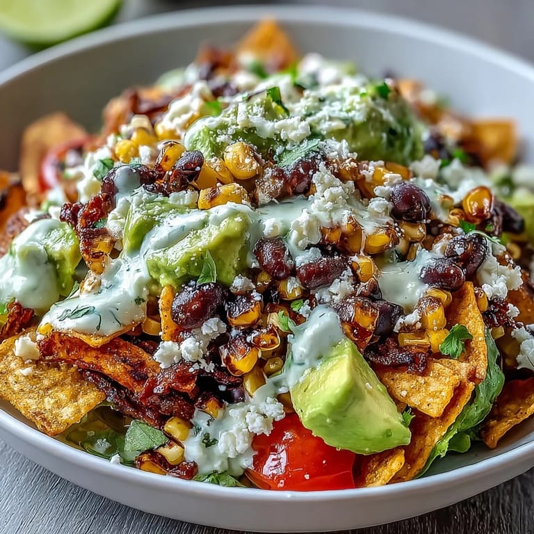 Hearty black bean taco salad topped with charred corn and zesty lime dressing, ready to serve.