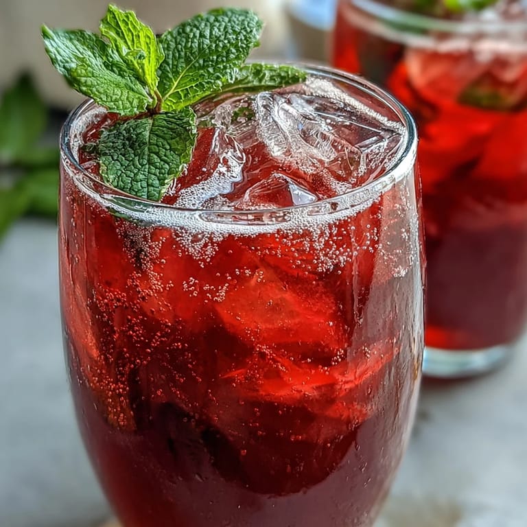 Refreshing Sparkling Hibiscus Mint Lemonade Mocktail, iced and ready to enjoy.