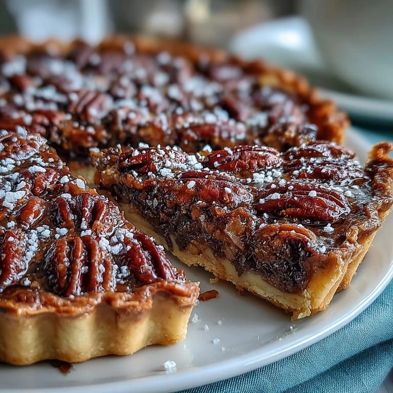 Slice of chocolate bourbon pecan tart, studded with nuts, ready to serve.